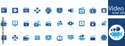 Video icon set. Containing camera, play, pause, media, online video, live, production, player, movie and cinema icons. Solid icon collection