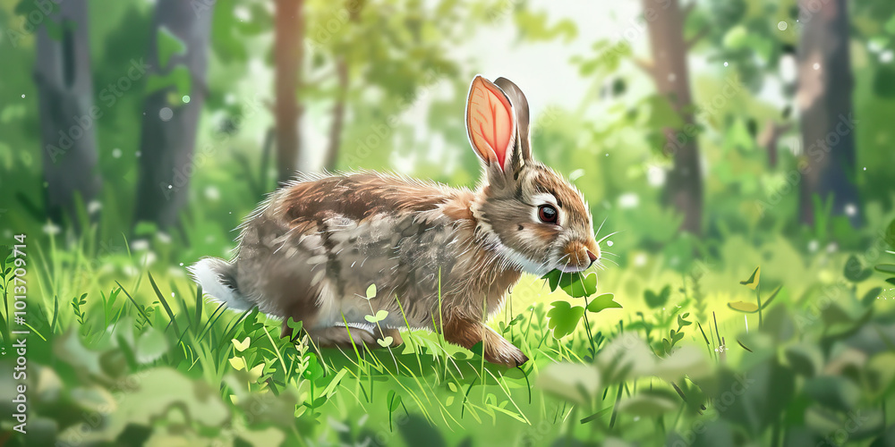 Fototapeta premium A rabbit hopping through a grassy field, nibbling on fresh greenery.