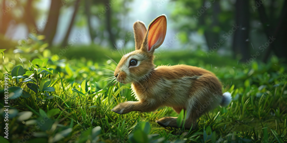 Fototapeta premium A rabbit hopping through a grassy field, nibbling on fresh greenery.