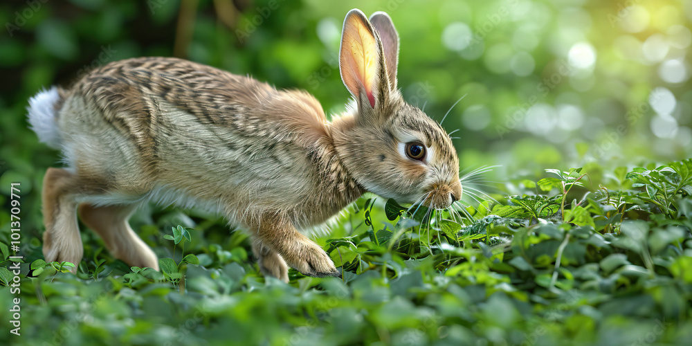 Fototapeta premium A rabbit hopping through a grassy field, nibbling on fresh greenery.