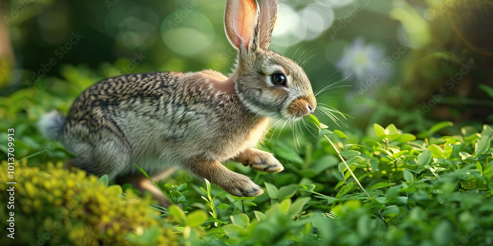Fototapeta premium A rabbit hopping through a grassy field, nibbling on fresh greenery.