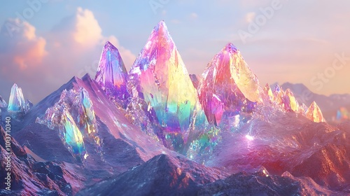 Colorful crystal mountains under a dreamy pastel sky photo