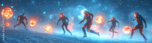 Abstract Glowing Snowball Fight: Futuristic Winter Landscape with Radiant Digital Effects for Engaging Winter Advertising