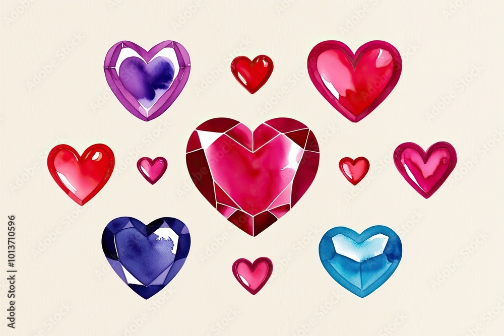 Watercolor Heart Gems in Vibrant Jewel Tones on a Soft Background for Love Symbolism Watercolor Heart Gems in Vibrant Jewel Tones on a Soft Background for Love Symbolism