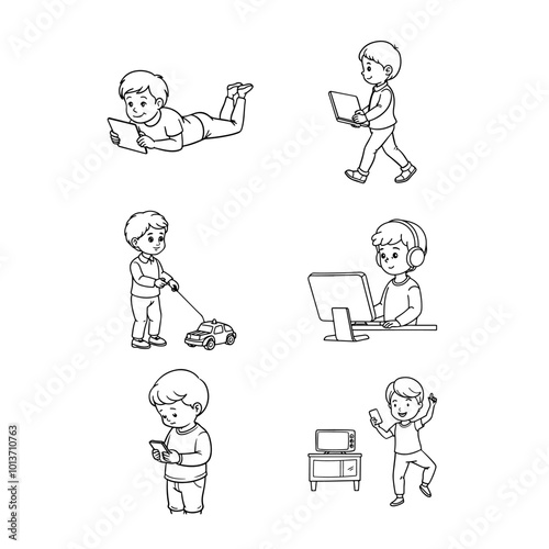 Boy with laptop lying down, sitting in headphones in front of computer monitor, using different gadgets.  Set of vector cartoon sketches in line art style