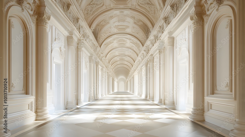 Obraz premium Elegant hallway with arches and soft natural light.