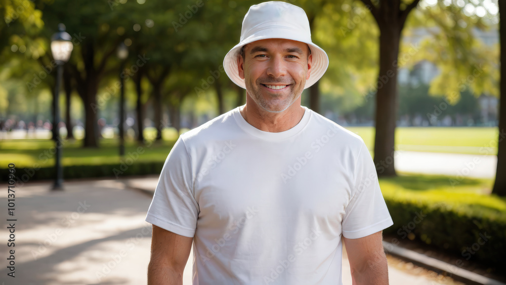 Man wearing white t-shirt and white bucket hat standing in the park Man wearing white t-shirt and white bucket hat standing in the park