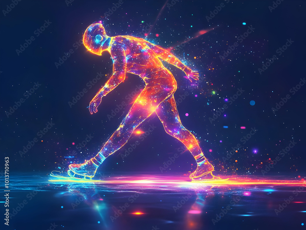 Flat Abstract Glowing Ice Skater on Digital Lake - Vibrant Vector Art for Winter-Themed Banners with Neon Reflections Flat Abstract Glowing Ice Skater on Digital Lake - Vibrant Vector Art for Winter-Themed Banners with Neon Reflections