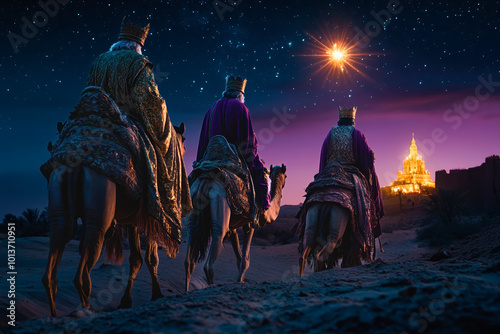 Three wise kings travel through the desert under a starry night sky, following the bright Star of Bethlehem, riding camels, with colorful royal robes fluttering in the wind