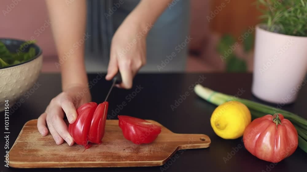 White woman slices a juicy tomato on a rustic wooden cutting board. Fresh spinach, a vibrant lemon, and a crisp onion are arranged nearby. Dinner cooking. Salad cooking White woman slices a juicy tomato on a rustic wooden cutting board. Fresh spinach, a vibrant lemon, and a crisp onion are arranged nearby. Dinner cooking. Salad cooking