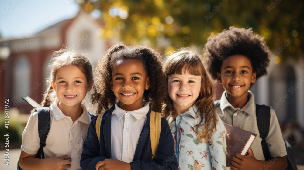 Smiling children outdoors with backpacks and school books Smiling children outdoors with backpacks and school books