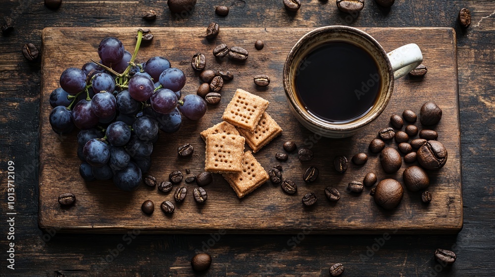 A cup of coffee with a bunch of grapes, crackers, and coffee beans on a wooden surface. A cup of coffee with a bunch of grapes, crackers, and coffee beans on a wooden surface.