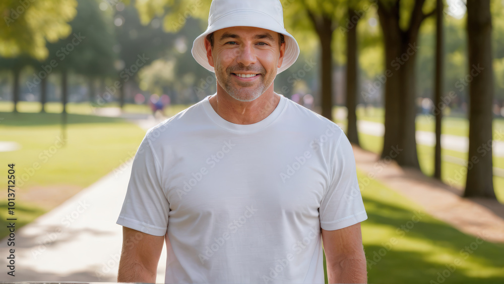 Man wearing white t-shirt and white bucket hat standing in the park Man wearing white t-shirt and white bucket hat standing in the park