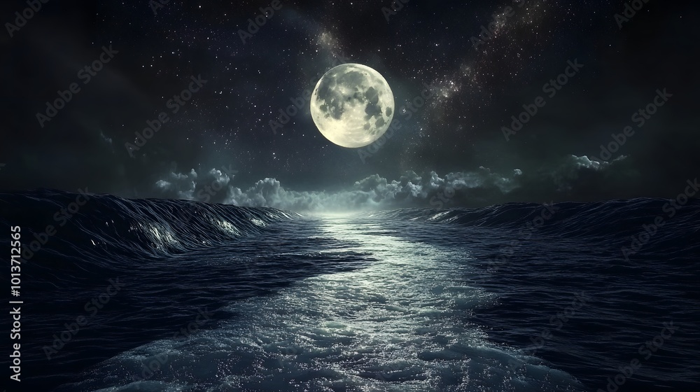 Mystical ocean landscape under a full moon and starry sky Mystical ocean landscape under a full moon and starry sky