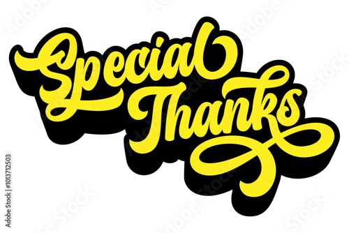 Words ‘Special Thanks’ written in retro groovy three-dimensional script lettering
