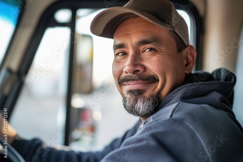 Man drives truck with blue jacket and gray cap. His face is happy, smiling at camera. Truck interior visible through window. Driver position focus of image.