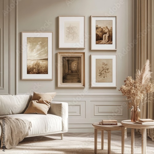 A gallery wall with vintage frames displays varied art, adding sophistication and artistic flair to the living room. photo