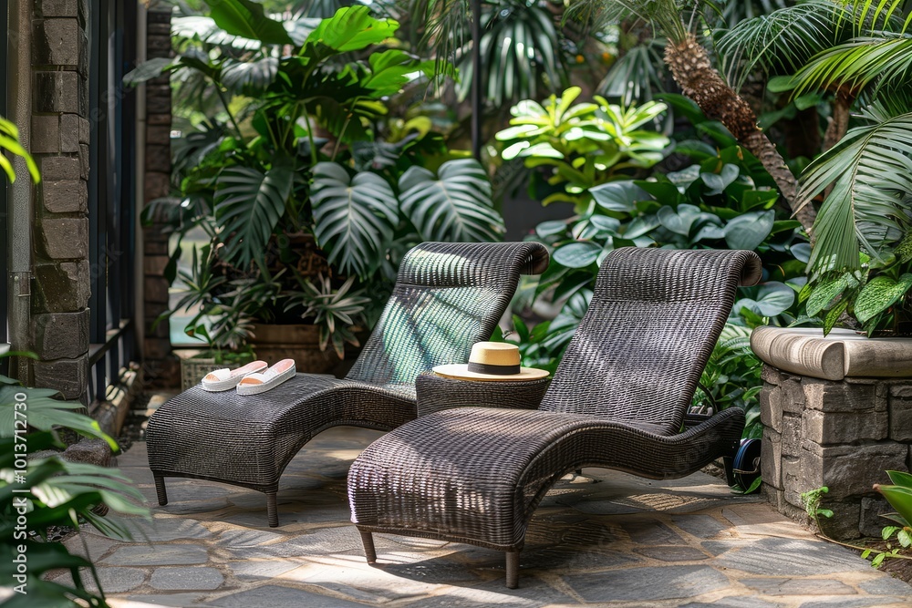 Dark brown wicker chaise lounges with sun visor and side table, tropical leaves, and white tassels in lush exotic garden setting. Dark brown wicker chaise lounges with sun visor and side table, tropical leaves, and white tassels in lush exotic garden setting.
