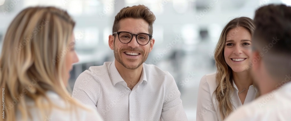 Obraz premium Engaging Team Collaboration: Building Connections Through Smiles and Conversation