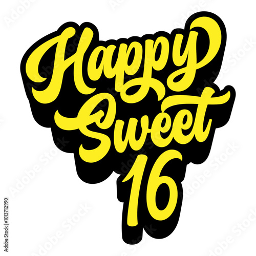 Words ‘Happy Sweet 16’ written in retro groovy three-dimensional script lettering