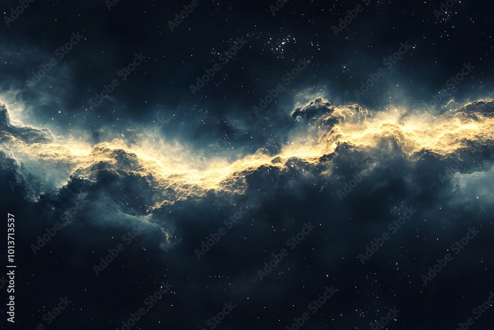 Stunning cosmic clouds with golden highlights on dark backdrop.