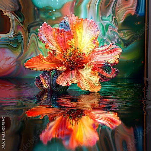 Vibrant abstract flower with vivid colors and reflections. photo