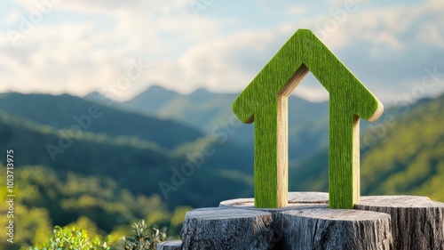 A green house symbol on a wooden stump, set against a backdrop of mountains, representing eco-friendly living and nature.