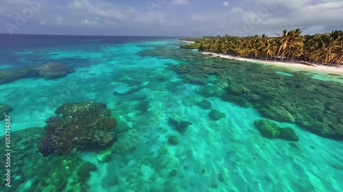 Aerial view of a tropical coral reef with vibrant turquoise water and a distant shoreline photo