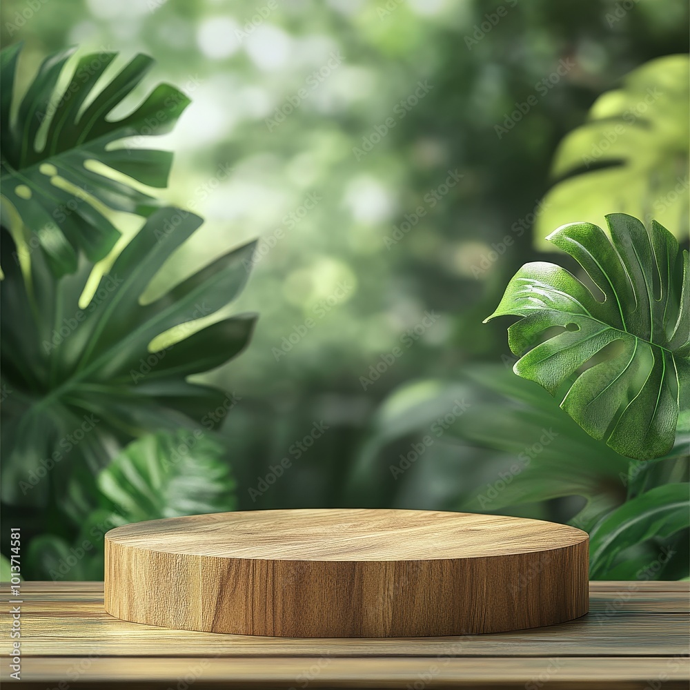 Wooden podium on the background of tropical leaves. 3d render Wooden podium on the background of tropical leaves. 3d render