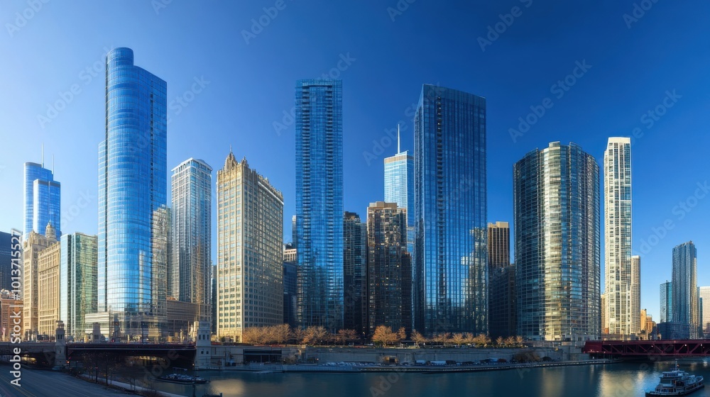 A panoramic view of a city skyline featuring towering glass skyscrapers reflecting the sunlight, located along a river in a bustling urban environment.
A panoramic view of a city skyline featuring towering glass skyscrapers reflecting the sunlight, located along a river in a bustling urban environment.