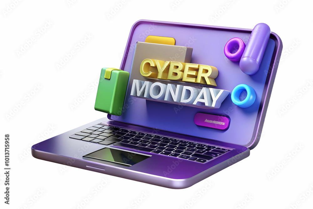 3D Abstract Glowing Laptop with Floating Cyber Monday Banner - Digital Ecommerce Concept Showcasing Tech Promotions on Isolated White Background 3D Abstract Glowing Laptop with Floating Cyber Monday Banner - Digital Ecommerce Concept Showcasing Tech Promotions on Isolated White Background