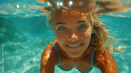 a beautiful blonde woman, she is swimming in deep water, full body shot, free diving, warm water, happy, uplifting, glorious, the sun makes the clear water reflect in warm tones, award winning photogr photo