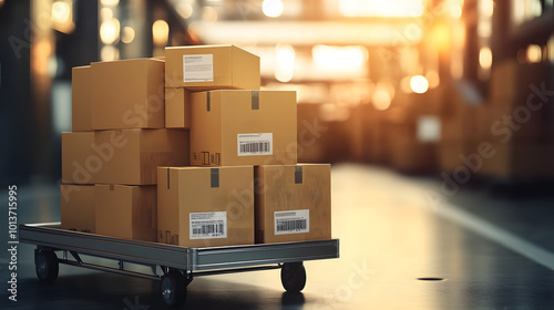 Cardboard box packages on trolley. Logistics and distribution service