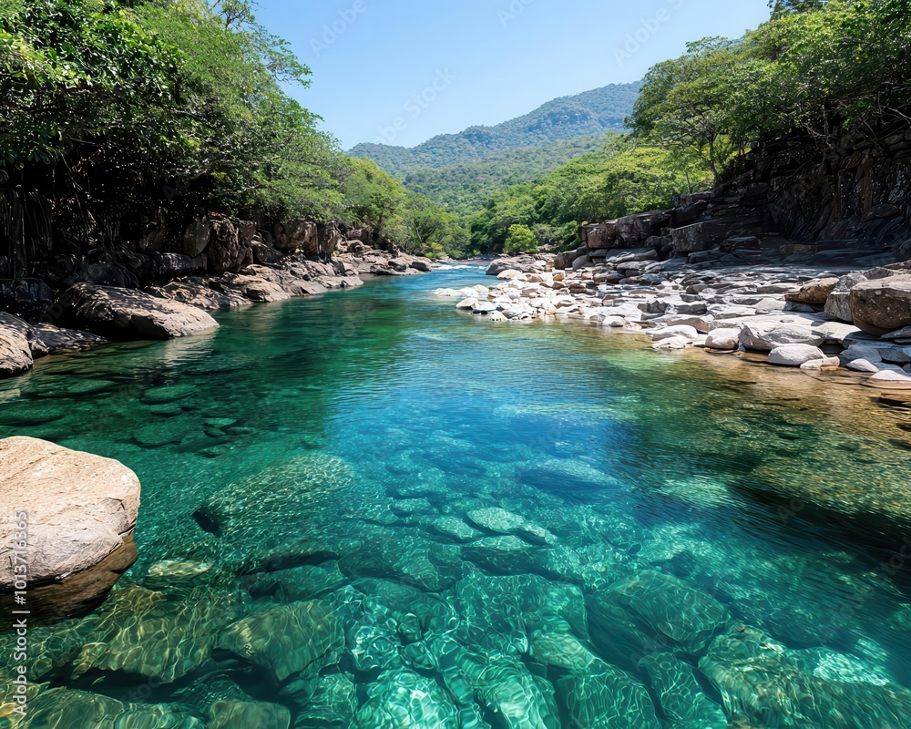A serene river flows through lush greenery, showcasing crystal clear waters over smooth rocks beneath the surface. The peaceful scene invites tranquility and reflection.