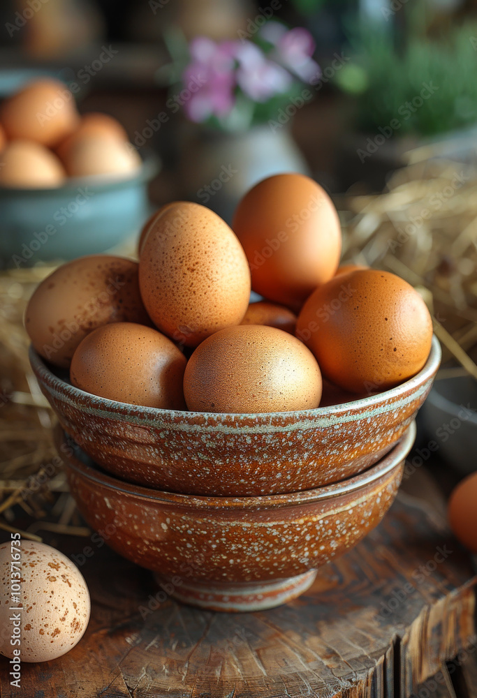Fresh brown eggs in rustic bowls on a wooden table. A collection of brown eggs stacked in two rustic bowls, surrounded by straw and decorative plants, creating a cozy atmosphere. Fresh brown eggs in rustic bowls on a wooden table. A collection of brown eggs stacked in two rustic bowls, surrounded by straw and decorative plants, creating a cozy atmosphere.