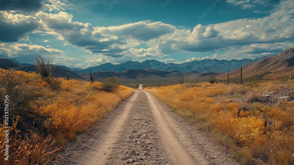 A dirt road winds through a vast desert landscape, leading towards a distant mountain range under a cloudy sky. A dirt road winds through a vast desert landscape, leading towards a distant mountain range under a cloudy sky.