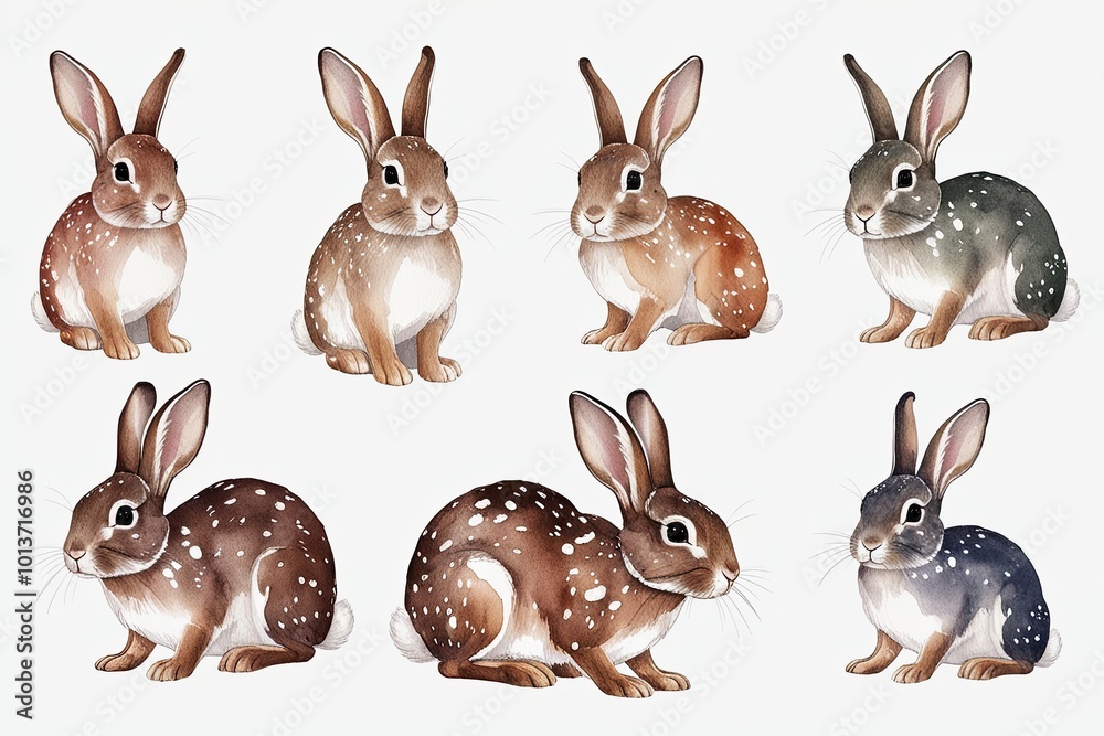 Fototapeta premium Joyful Watercolor Illustrations of Spotted Rabbits on White Background