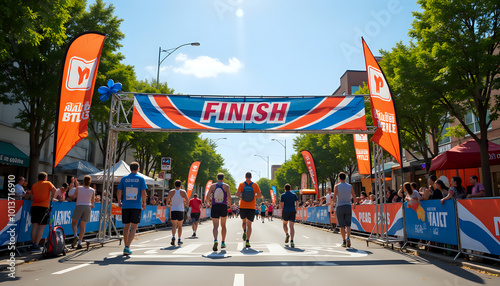 Photorealistic wide shot of finish line at an outdoor running event with cheering spectators