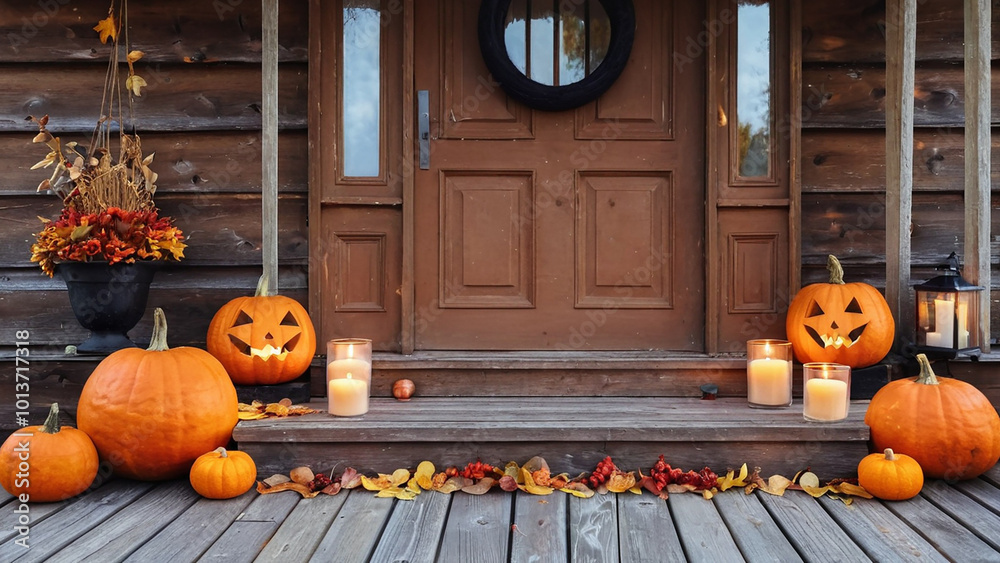 Obraz premium Halloween pumpkins, candles and autumn leaves on the wooden house