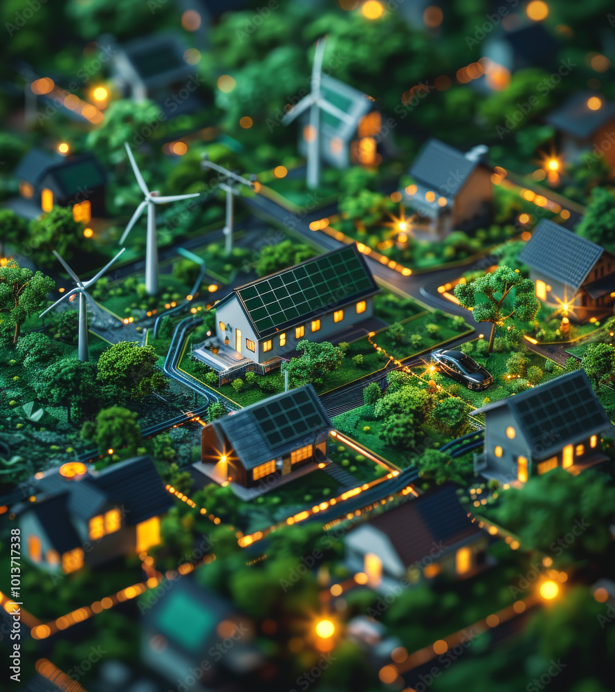 Obraz premium Eco village with solar panels at night. A small village with solar panels and wind turbines glows at night, showcasing eco-friendly energy solutions amidst charming houses.