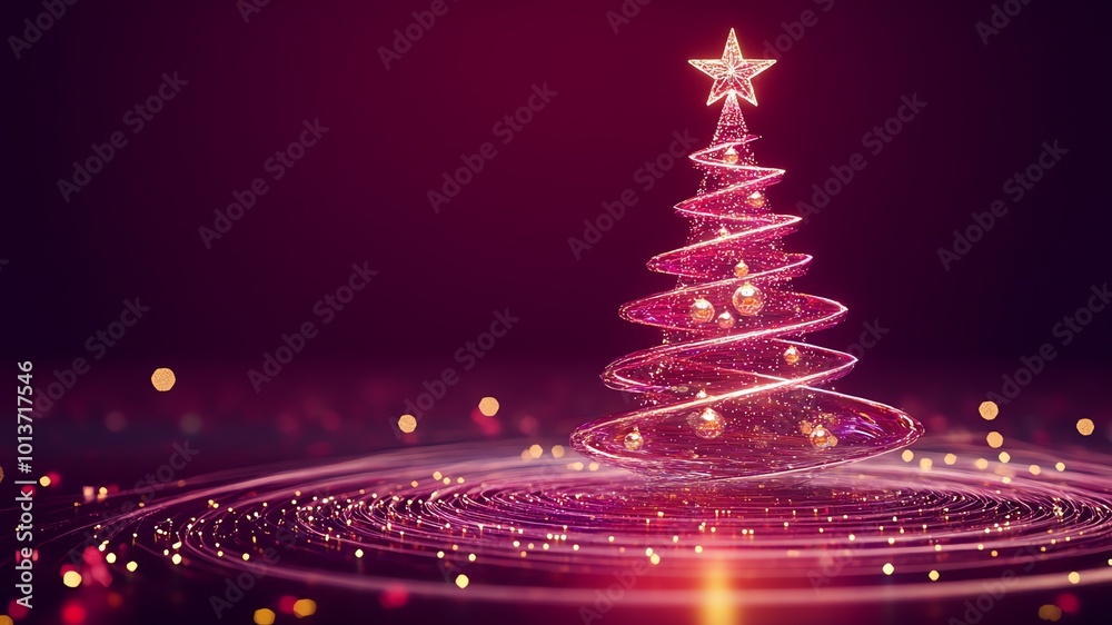 A red/ burgundy modern, 3D holographic Christmas tree with a neon red star on top, copy space for text A red/ burgundy modern, 3D holographic Christmas tree with a neon red star on top, copy space for text