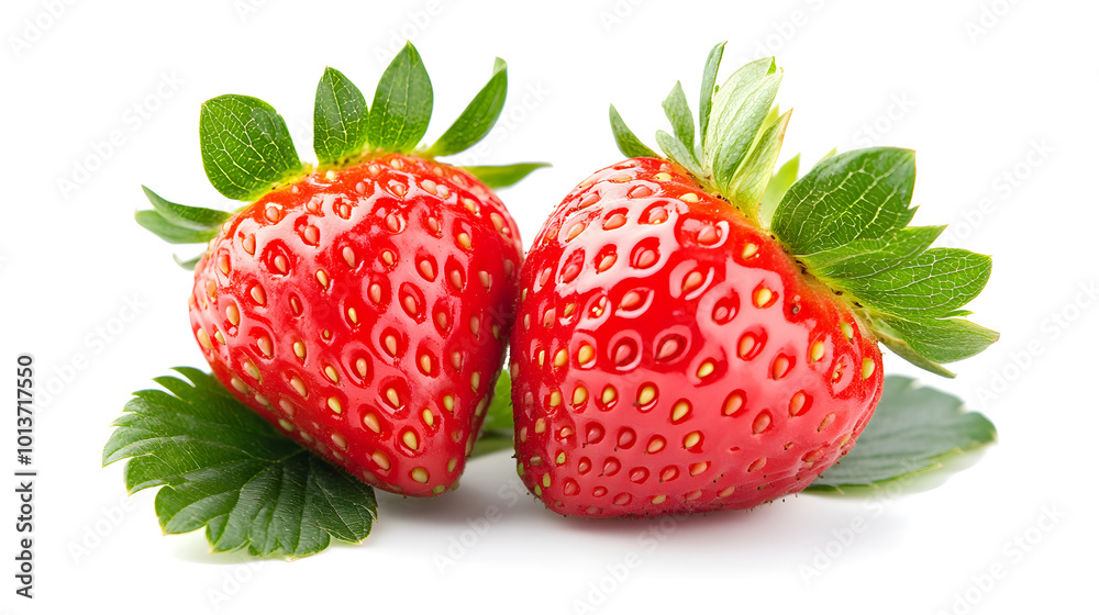 Strawberries isolated design. Two ripe strawberries, half a strawberry with green leaves on a white background design. isolated on a white background design