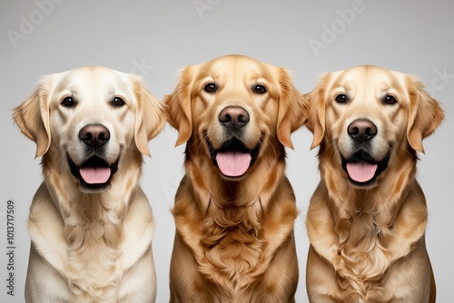 Charming Portrait of Three Adorable Golden Retrievers Isolated on White Background