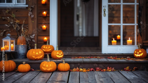 Halloween pumpkins, candles and autumn leaves on the wooden house