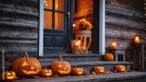 Halloween pumpkins, candles and autumn leaves on the wooden house