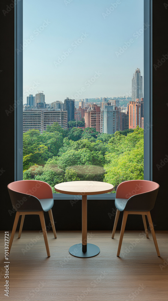 Obraz premium Cozy indoor seating with a city view overlooking lush green trees in a modern cafe