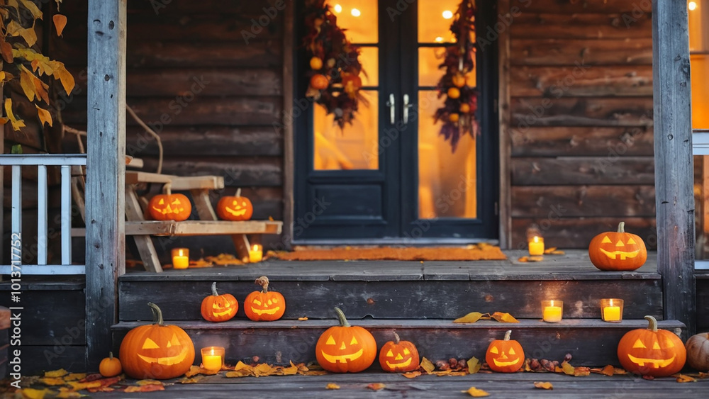 Obraz premium Halloween pumpkins, candles and autumn leaves on the wooden house