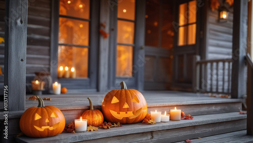 Halloween pumpkins, candles and autumn leaves on the wooden house