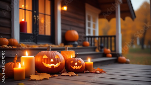 Halloween pumpkins, candles and autumn leaves on the wooden house