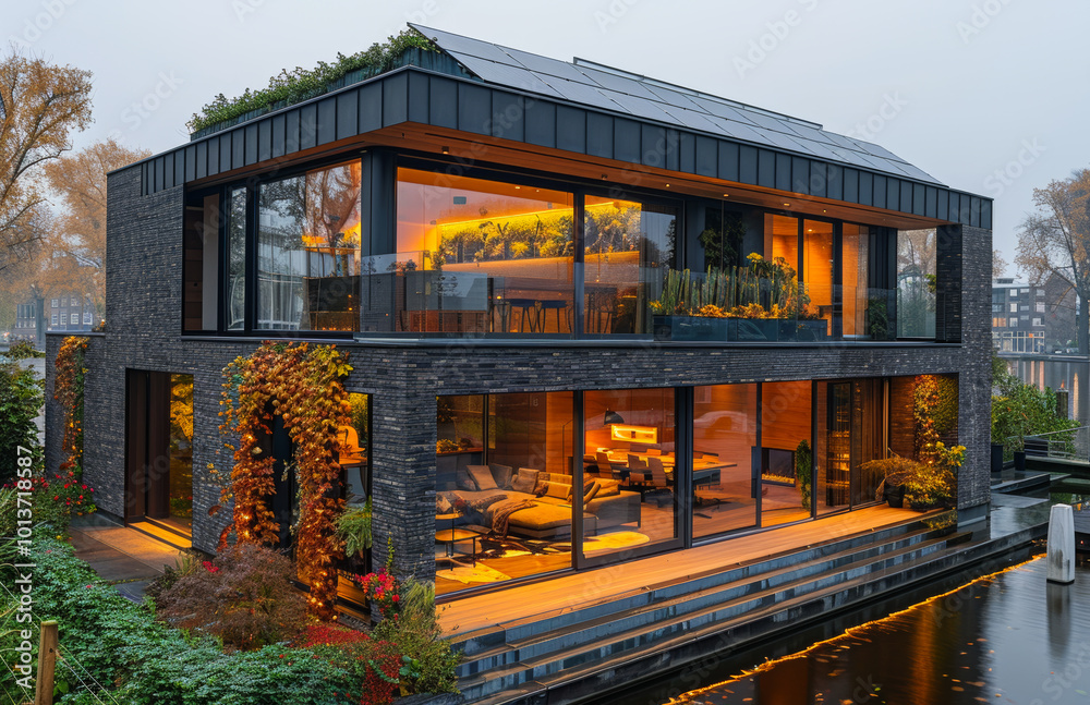 Twilight solar house by the river. A contemporary house with large windows reflects warm lights while surrounded by autumn foliage along a peaceful riverside. Twilight solar house by the river. A contemporary house with large windows reflects warm lights while surrounded by autumn foliage along a peaceful riverside.